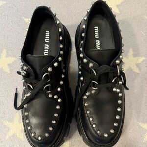 Miu Miu Black Leather Platform Shoes with Silver Studs- New! Never Worn.